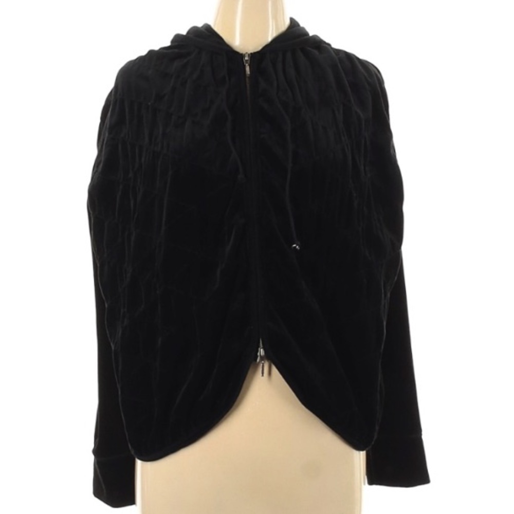 Vintage August Silk Quilted Black Zip Up Hoodie Jacket round tulip hem large wom